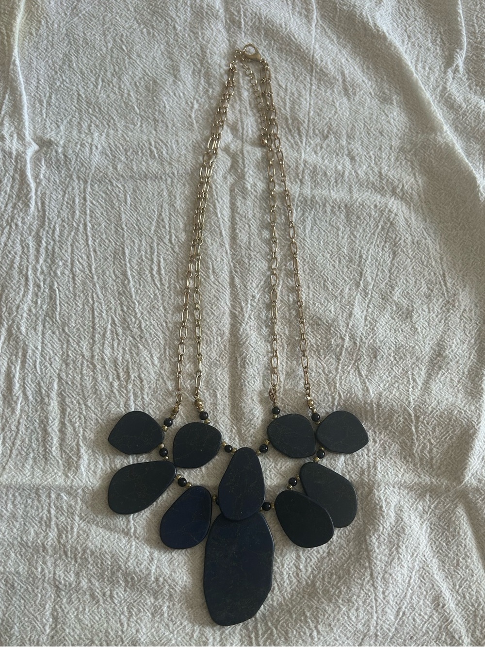 Gold-Chain Navy Statement Bib Necklace with Teardrop Pendants
